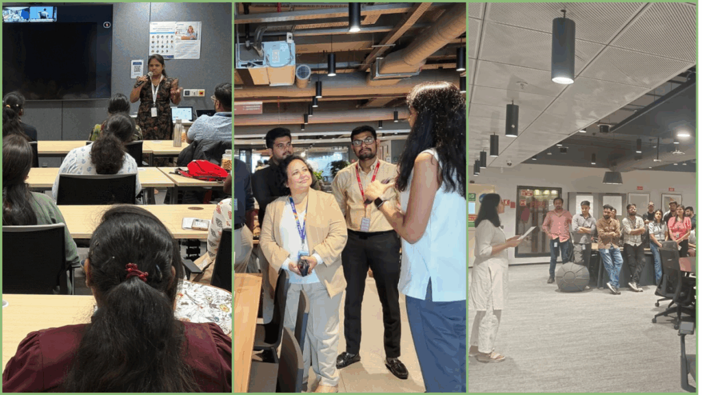 Collage showing three scenes from Carelon’s Plant-Powered Day employee engagement: Sowndarya addressing a group in a meeting room, Vasundhara chatting with colleagues in an open office, and Bhavya speaking to a team gathered in a workspace.